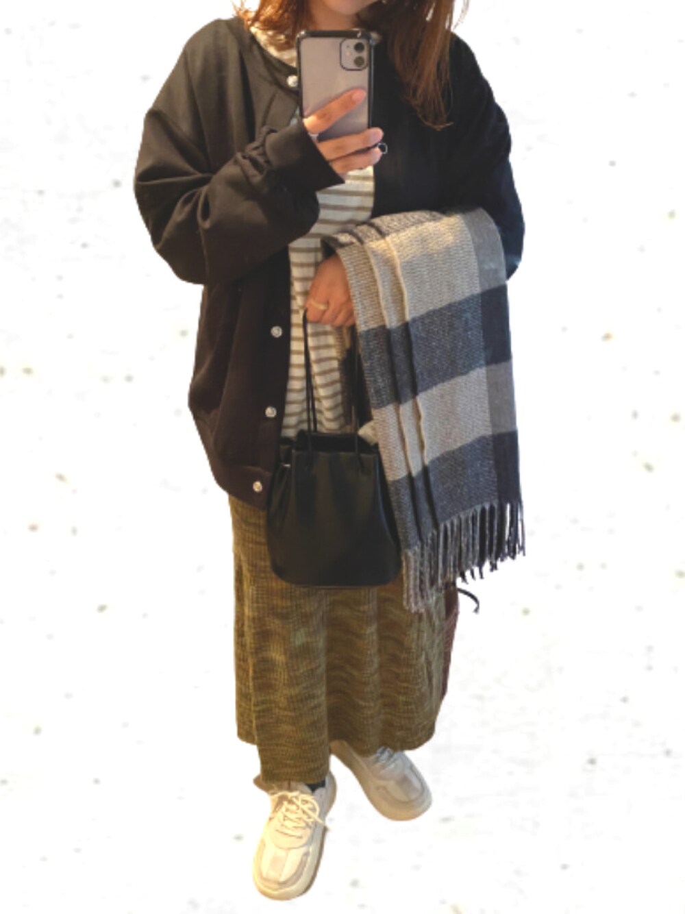 「春、シンプル、オトナ女子、差し色、低身長、ootd、今日のコーデ、ラクチンコーデ、グリーン、お洒落さんとつながりたい」｜「BONLECILLのメランジリブニットマーメイドスカート（スカート、グリーン系）」を使った、me.さん（レディース・154cm）の冬コーディネートの1枚目の写真