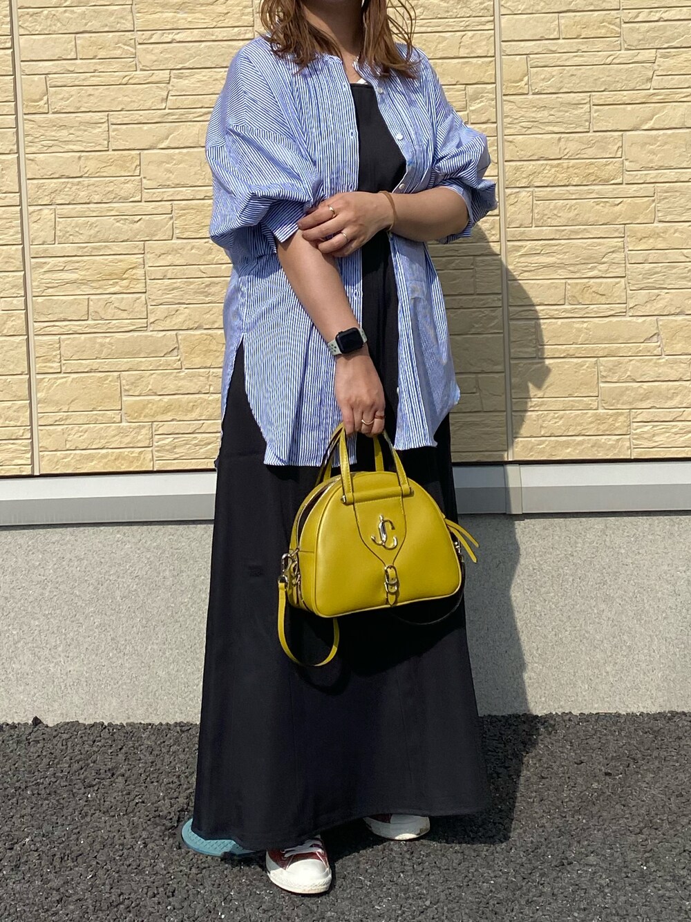 「オトナカジュアル、ゆるコーデ、ootd、ラクチンコーデ、春服みてみて、シャツ、低身長コーデ、ママコーデ、ストライプ、キャミワンピ、おしゃれさんと繋がりたい」｜「DISCOATのブロードピンタックシャツ（シャツ/ブラウス、その他）」を使った、me.さん（レディース・154cm）の春コーディネートの1枚目の写真