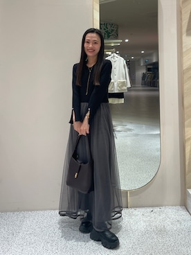 「natural couture（ナチュラルクチュール）の〈mizumami〉リボンチャームニットドッキングワンピース（ワンピース、ブラック系）」を使った、おまいさん（レディース・152cm）の冬コーディネート