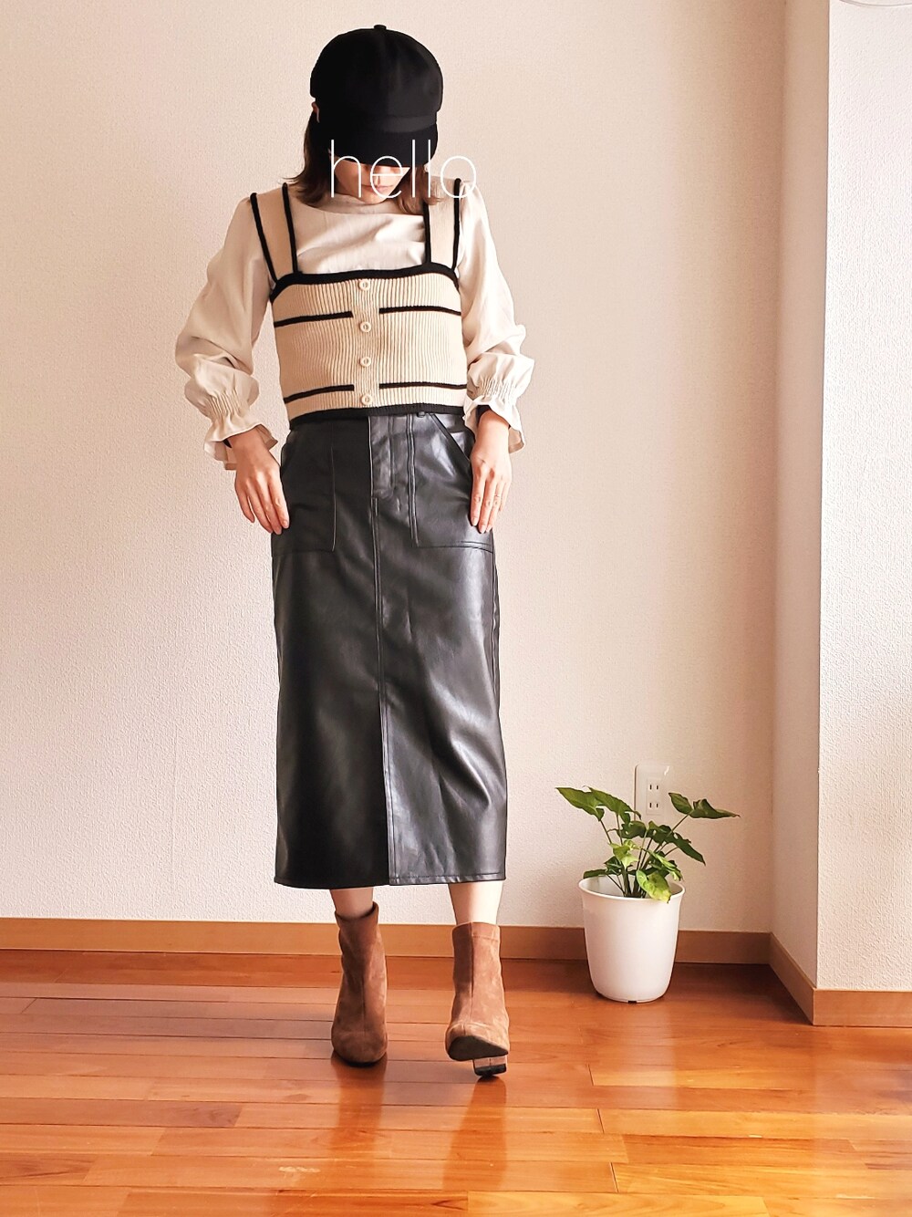 「SHEINのアイテム（キャスケット、ブラック系）」を使った、shokoさん（レディース・157cm）の春コーディネートの1枚目の写真
