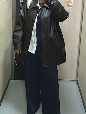 「JOURNAL STANDARD（ジャーナルスタンダード）のウォッシャブル フェイクレザーファー襟付カバーオール（その他アウター、ブラウン系）」を使った、温流さん（レディース・160cm）の春コーディネート