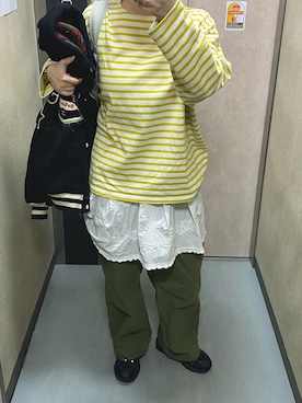「ORCIVAL（オーシバル）のORCIVAL | コットンロード ワイドTシャツ MEN（Tシャツ/カットソー、イエロー系）」を使った、温流さん（レディース・160cm）の春コーディネート