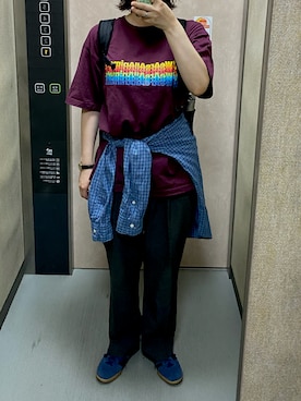 「Bshop（ビショップ）のSTUDIO WEAREALLANIMALS | Inverted Arch 半袖Tシャツ MEN（Tシャツ/カットソー、パープル系）」を使った、温流さん（レディース・160cm）の夏コーディネート