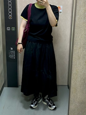 「Bshop（ビショップ）のA MENDA | リンガーニットTシャツ WOMEN（ニット/セーター、ブラック系）」を使った、温流さん（レディース・160cm）の夏コーディネート