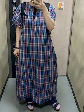 「Bshop（ビショップ）のINDIA INDUSTRY | マドラスチェック カフタンワンピース WOMEN（ワンピース、ブルー系）」を使った、温流さん（レディース・160cm）の夏コーディネート