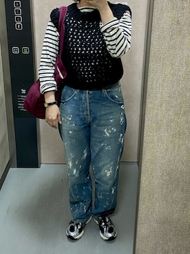 「MIRSTORES（ミアストアズ）のMIRSTORES | ノースリーブメッシュトップス WOMEN（ベスト、ブラック系）」を使った、温流さん（レディース・160cm）の秋コーディネート