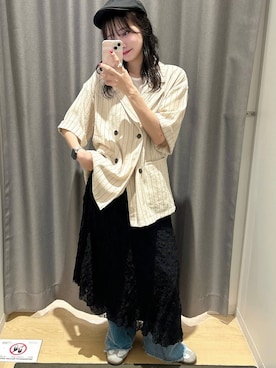 「LAKOLE（ラコレ）のスラブシアー長袖T / 289653（Tシャツ/カットソー、ホワイト系）」を使った、もんちゃんさん（レディース・163cm）の春コーディネート