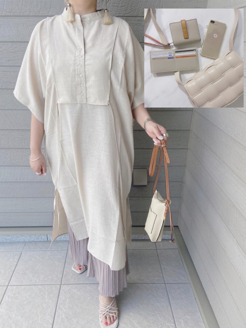 ベージュ系のサンダル、ベージュ系のワンピース/ドレス、ホワイト系のイヤリングを着用したレディースの春コーディネートの1枚目の写真