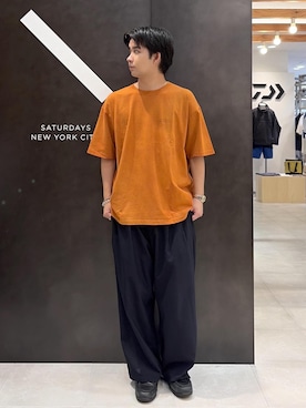 「Saturdays NYC（サタデーズ ニューヨークシティ ）のThe Endless Summer × Saturdays NYC Sunset Tee（Tシャツ/カットソー、オレンジ系）」を使った、kippeiさん（メンズ・170cm）の夏コーディネート