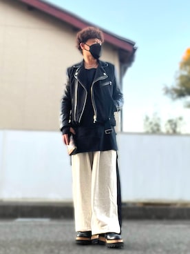 「glamb（グラム）のアイテム（ライダースジャケット）」を使った、malibuさん（メンズ・163cm）の冬コーディネート