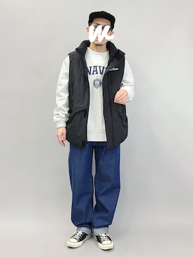 「WILD THINGS（ワイルドシングス）のアイテム（ダウンベスト）」を使った、YANCHAさん（メンズ・167cm）の春コーディネート