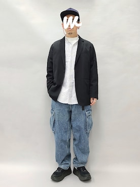 「ワイドテーパードパンツ」｜「アイテム（テーラードジャケット）」を使った、YANCHAさん（メンズ・167cm）の秋コーディネート