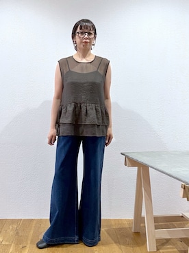「Omekashi（オメカシ）のオーガンジーペプラムブラウス（シャツ/ブラウス、ブラウン系）」を使った、mmmiさん（レディース・154cm）の夏コーディネート