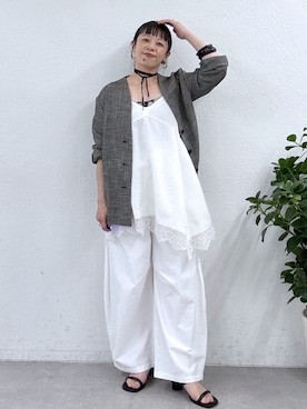 「Omekashi（オメカシ）のレースキャミチュニック（シャツ/ブラウス、ホワイト系）」を使った、mmmiさん（レディース・154cm）の春コーディネート