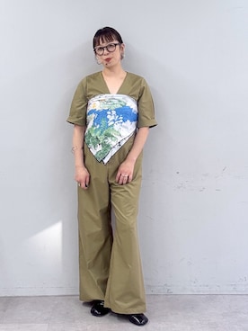 「Omekashi（オメカシ）の半袖オールインワン（サロペット/オーバーオール、グリーン系）」を使った、mmmiさん（レディース・154cm）の春コーディネート