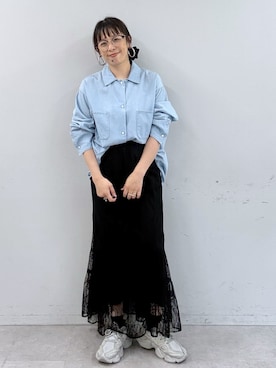 「Omekashi（オメカシ）のシアーデニムカバーオール（シャツ/ブラウス、ブルー系）」を使った、mmmiさん（レディース・154cm）の春コーディネート