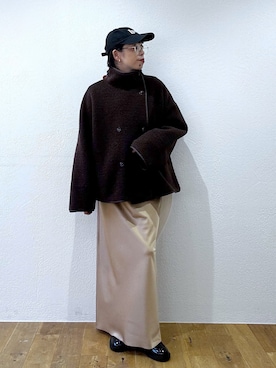 「Omekashi（オメカシ）のスタンドボアショートジャケット（その他アウター、ブラウン系）」を使った、mmmiさん（レディース・154cm）の秋コーディネート