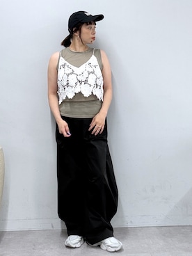 「Omekashi（オメカシ）のシアーリブフライス2wayタンクトップ（キャミソール、ベージュ系）」を使った、mmmiさん（レディース・154cm）の春コーディネート