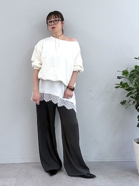 「Omekashi（オメカシ）のレースキャミチュニック（シャツ/ブラウス、ホワイト系）」を使った、mmmiさん（レディース・154cm）の春コーディネート