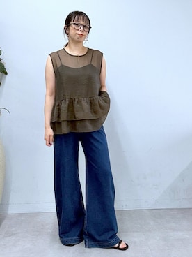 「Omekashi（オメカシ）のオーガンジーペプラムブラウス（シャツ/ブラウス、ブラウン系）」を使った、mmmiさん（レディース・154cm）の春コーディネート