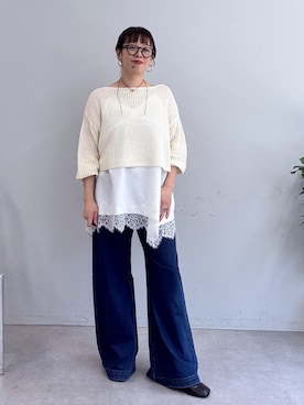「Omekashi（オメカシ）のメッシュワイドニット（ニット/セーター、ホワイト系）」を使った、mmmiさん（レディース・154cm）の春コーディネート