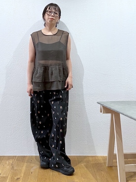 「Omekashi（オメカシ）のオーガンジーペプラムブラウス（シャツ/ブラウス、ブラウン系）」を使った、mmmiさん（レディース・154cm）の夏コーディネート