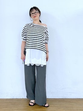 「Omekashi（オメカシ）のシアーボーダーロンT（Tシャツ/カットソー、ブラック系）」を使った、mmmiさん（レディース・154cm）の春コーディネート