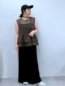 「Omekashi（オメカシ）のジョーゼットミニマルキャミワンピース（ワンピース、ブラック系）」を使った、mmmiさん（レディース・154cm）の春コーディネート