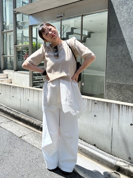 「Omekashi（オメカシ）の2way半袖ホールニット（カーディガン/ボレロ、ベージュ系）」を使った、mmmiさん（レディース・154cm）の春コーディネート