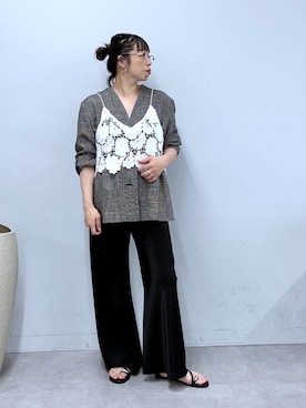 「Omekashi（オメカシ）のカラミノーカラージャケット（その他アウター、ブラック系）」を使った、mmmiさん（レディース・154cm）の春コーディネート