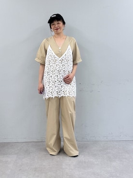 「Omekashi（オメカシ）のレースオーバーキャミソール（キャミソール、ホワイト系）」を使った、mmmiさん（レディース・154cm）の春コーディネート