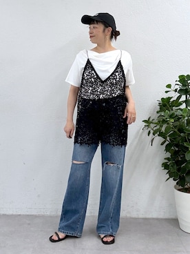 「Omekashi（オメカシ）の2way半袖ドレープTシャツ（Tシャツ/カットソー、ホワイト系）」を使った、mmmiさん（レディース・154cm）の春コーディネート