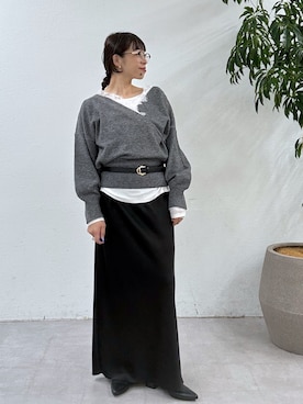 「Omekashi（オメカシ）の≪10/19まで15％OFF！YASUE推しアイテム≫レースカシュクールニット（ニット/セーター、グレー系）」を使った、mmmiさん（レディース・154cm）の秋コーディネート