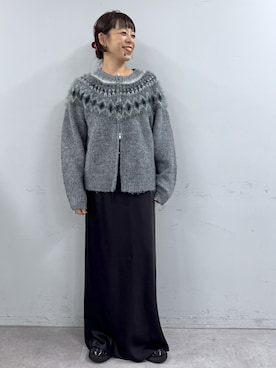 「Omekashi（オメカシ）の求心柄ZIPニットカーディガン（カーディガン/ボレロ、グレー系）」を使った、mmmiさん（レディース・154cm）の秋コーディネート