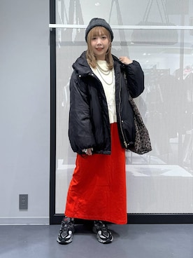 「GLOBAL WORK（グローバルワーク）のエアリュクスダウンフードブルゾン/495695（ダウンジャケット/コート）」を使った、riya.さん（レディース・158cm）の冬コーディネート