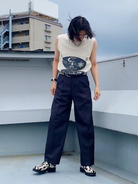 「アイテム（スラックス）」を使った、hytabさん（メンズ・173cm）の夏コーディネート
