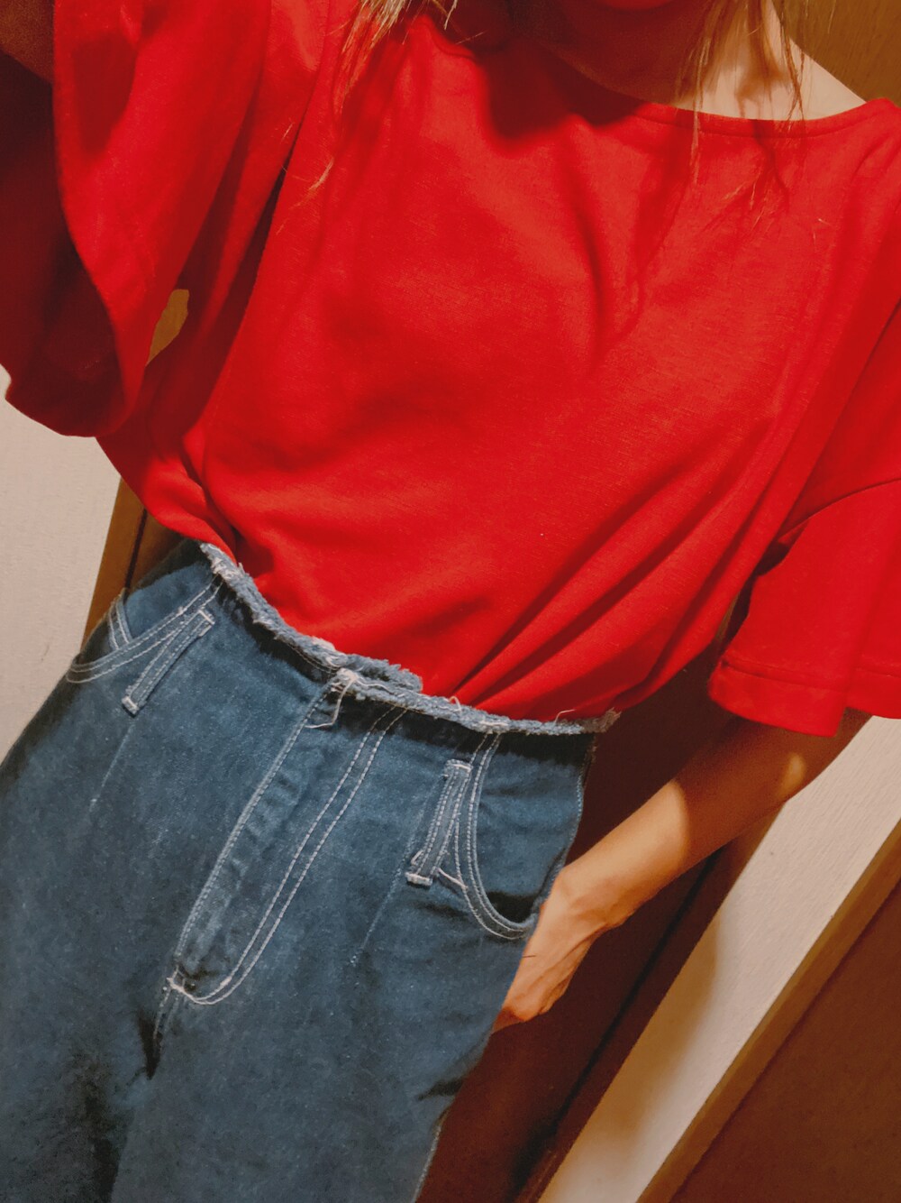 「お祭り、ママファッション、シンプルコーデ」｜「Right-onのアイテム（Tシャツ/カットソー、レッド系）」を使った、まはろさん（レディース・159cm）の夏コーディネートの1枚目の写真