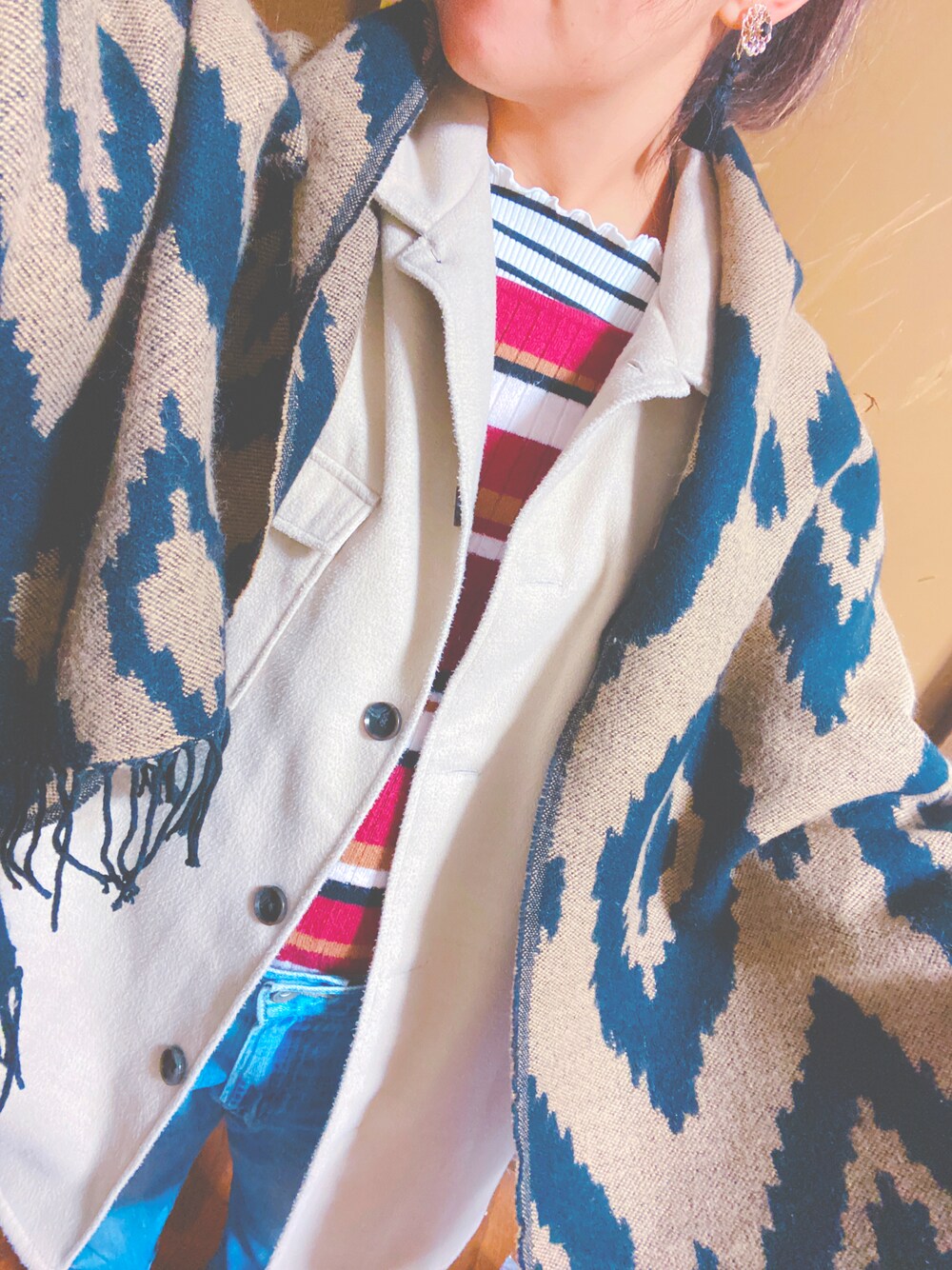 「ママコーデ、ママファッション」｜「LOWRYS FARMのアイテム（マフラー、ベージュ系）」を使った、まはろさん（レディース・159cm）の冬コーディネートの1枚目の写真
