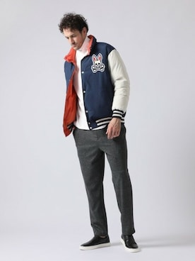 「アイテム（ダウンジャケット/コート、ブルー系）」を使った、Psycho Bunny officialさん（メンズ・186cm）の秋コーディネート