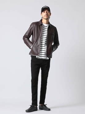 「アイテム（ライダースジャケット）」を使った、Psycho Bunny officialさん（メンズ・182cm）の冬コーディネート