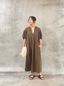 「le.coeur blanc（ルクールブラン）のギャザースリーブスキッパーワンピース（ワンピース、ブラウン系）」を使った、KAOさん（レディース・158cm）の春コーディネート