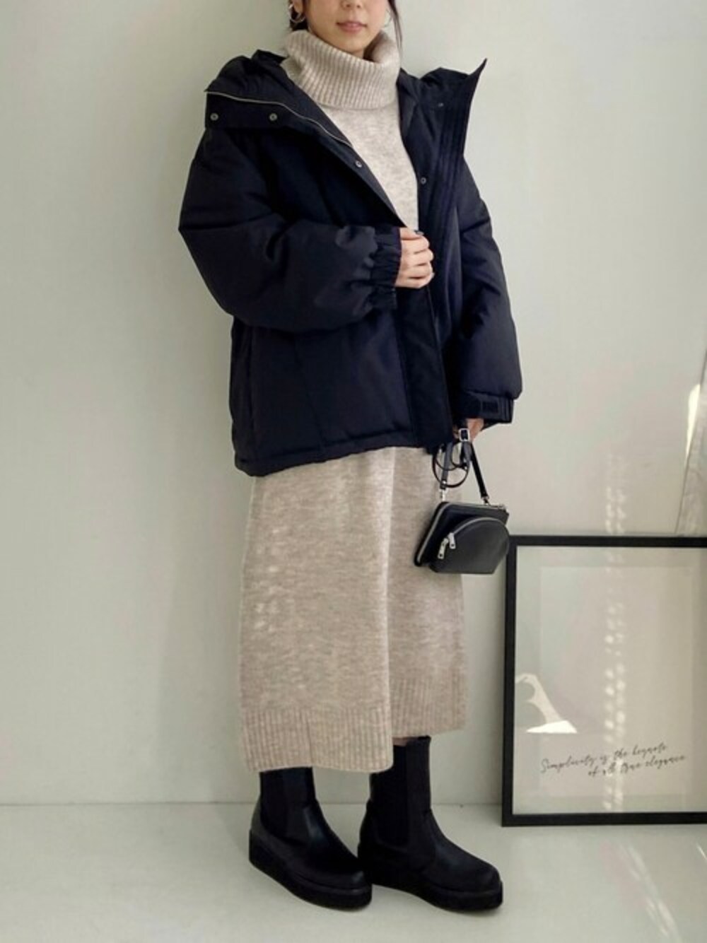 ブラック系のブルゾン、ベージュ系のワンピースを着用したレディースの冬コーディネートの1枚目の写真