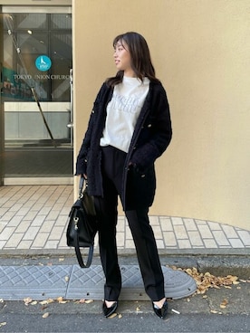 「ブラック×ホワイト」｜「アイテム（ノーカラージャケット）」を使った、WhimGazette_officialさん（レディース・158cm）の秋コーディネート