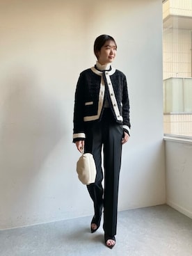 「ブラック×ホワイト」｜「アイテム（ノーカラージャケット）」を使った、WhimGazette_officialさん（レディース・166cm）の冬コーディネート