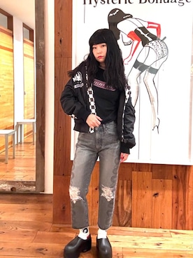 「HYSTERIC GLAMOUR（ヒステリックグラマー）のSNAKE LOOP 8分丈クラッシュデニムパンツ（デニムパンツ）」を使った、fukuchanさん（レディース・154cm）の秋コーディネート