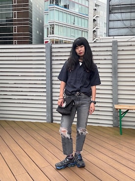 「HYSTERIC GLAMOUR（ヒステリックグラマー）のSNAKE LOOP 8分丈クラッシュデニムパンツ（デニムパンツ）」を使った、fukuchanさん（レディース・154cm）の秋コーディネート