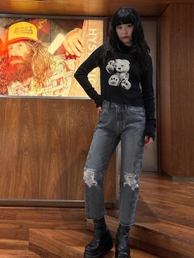 「HYSTERIC GLAMOUR（ヒステリックグラマー）のSNAKE LOOP 8分丈クラッシュデニムパンツ（デニムパンツ）」を使った、fukuchanさん（レディース・154cm）の秋コーディネート