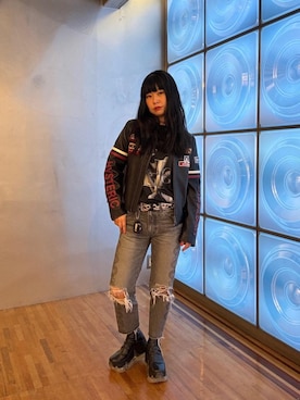 「HYSTERIC GLAMOUR（ヒステリックグラマー）のSNAKE LOOP 8分丈クラッシュデニムパンツ（デニムパンツ）」を使った、fukuchanさん（レディース・154cm）の秋コーディネート