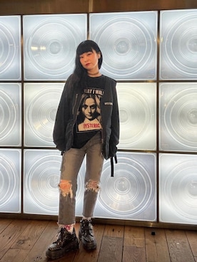 「HYSTERIC GLAMOUR（ヒステリックグラマー）のSNAKE LOOP 8分丈クラッシュデニムパンツ（デニムパンツ）」を使った、fukuchanさん（レディース・154cm）の秋コーディネート