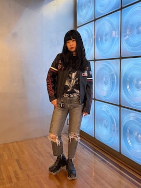 「HYSTERIC GLAMOUR（ヒステリックグラマー）のSNAKE LOOP 8分丈クラッシュデニムパンツ（デニムパンツ）」を使った、fukuchanさん（レディース・154cm）の秋コーディネート